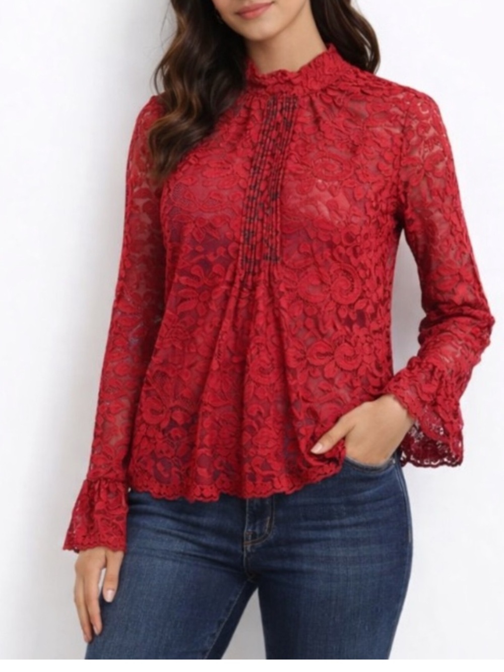 J. Crew Red Lace Pintuck High-Neck Blouse
